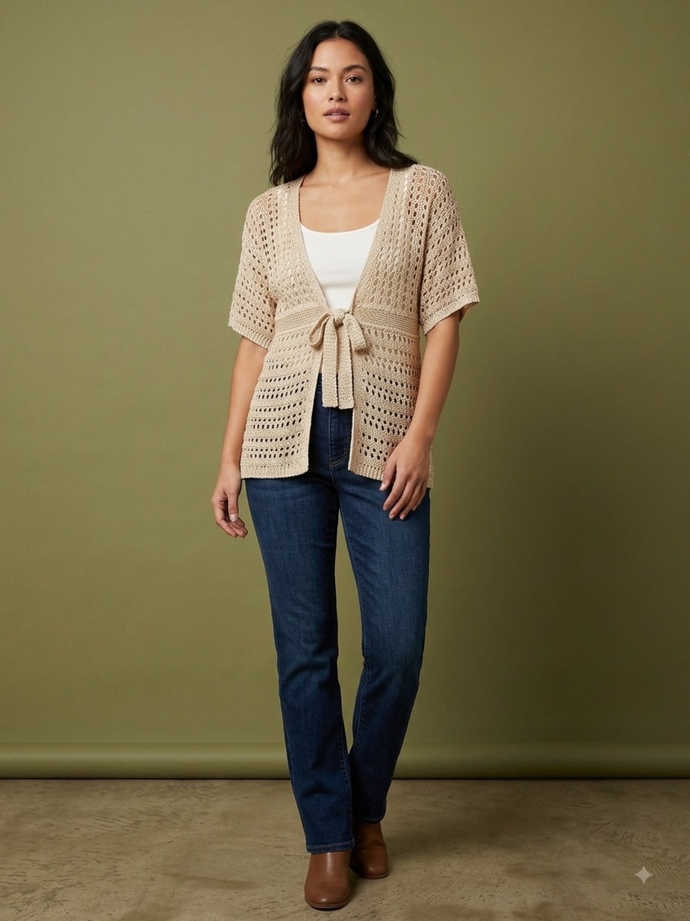 LOFT Tie-Waist Open Knit Cardigan - Beige